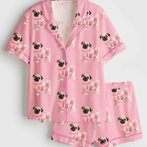 Women's Pug In Pink Clothes Breast Cancer Awareness Short Sleeve Satin Pajama Set