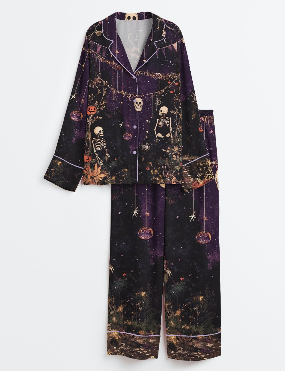 Womenâ€™s Pumpkin Skeleton Horror Scene Spooky Season Halloween Long Sleeve Satin Pajama Set