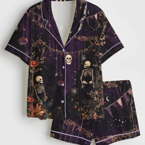 Womenâ€™s Pumpkin Skeleton Horror Scene Spooky Season Halloween Short Sleeve Satin Pajama Set