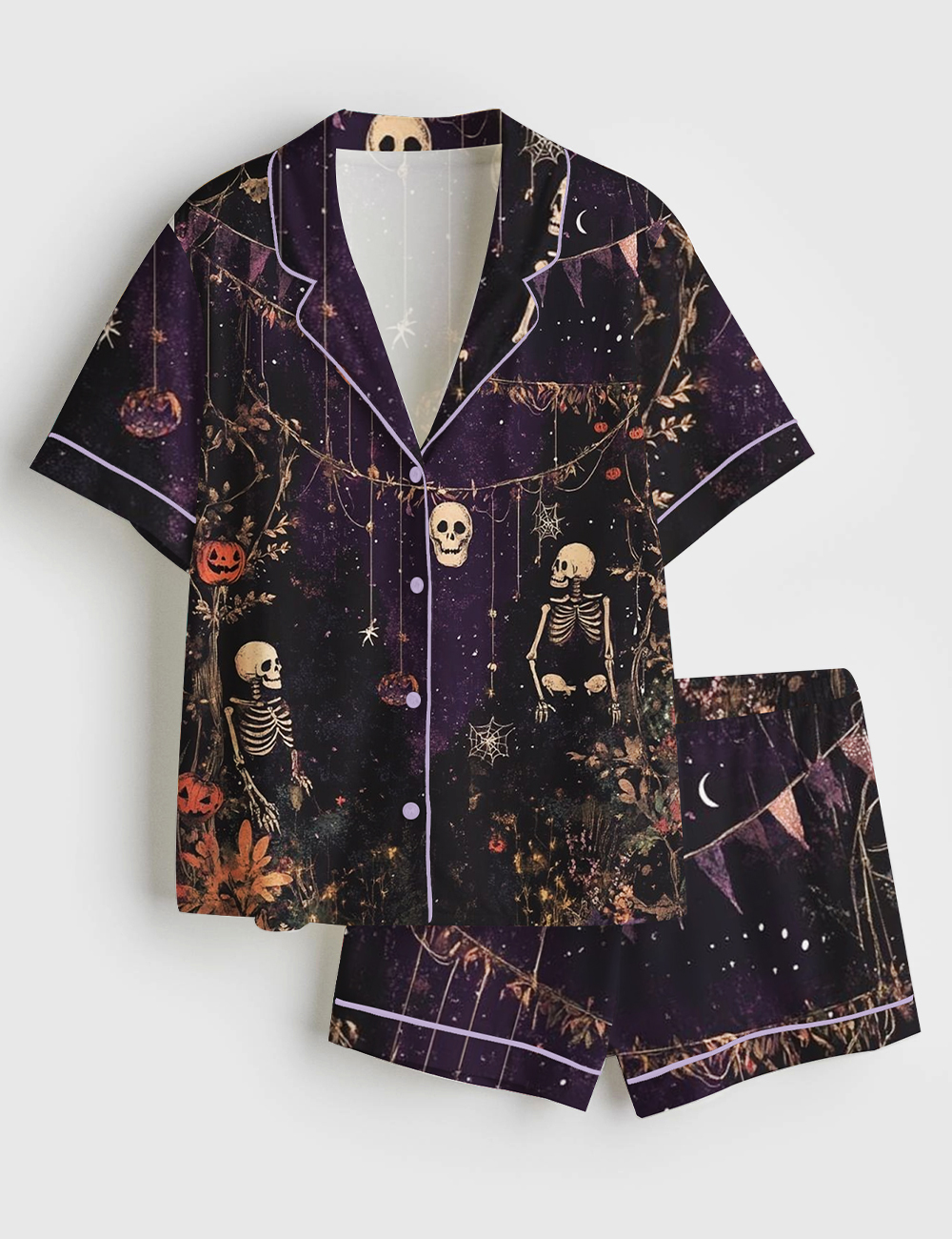Womenâ€™s Pumpkin Skeleton Horror Scene Spooky Season Halloween Short Sleeve Satin Pajama Set