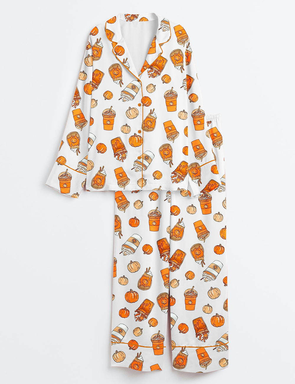 Womenâ€™s Pumpkin Spice Halloween Fall Fashion Long Sleeve Satin Pajama Set