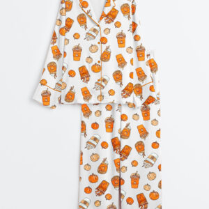 Women's Pumpkin Spice Halloween Fall Fashion Long Sleeve Satin Pajamas Set