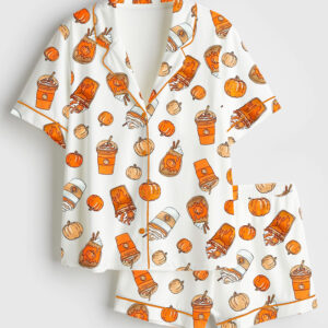 Womenâ€™s Pumpkin Spice Halloween Fall Fashion Short Sleeve Satin Pajama Set