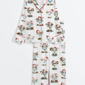 Women's Quirky Snowman Christmas Winter Holiday Santa Wine Long Sleeve Satin Pajama Set