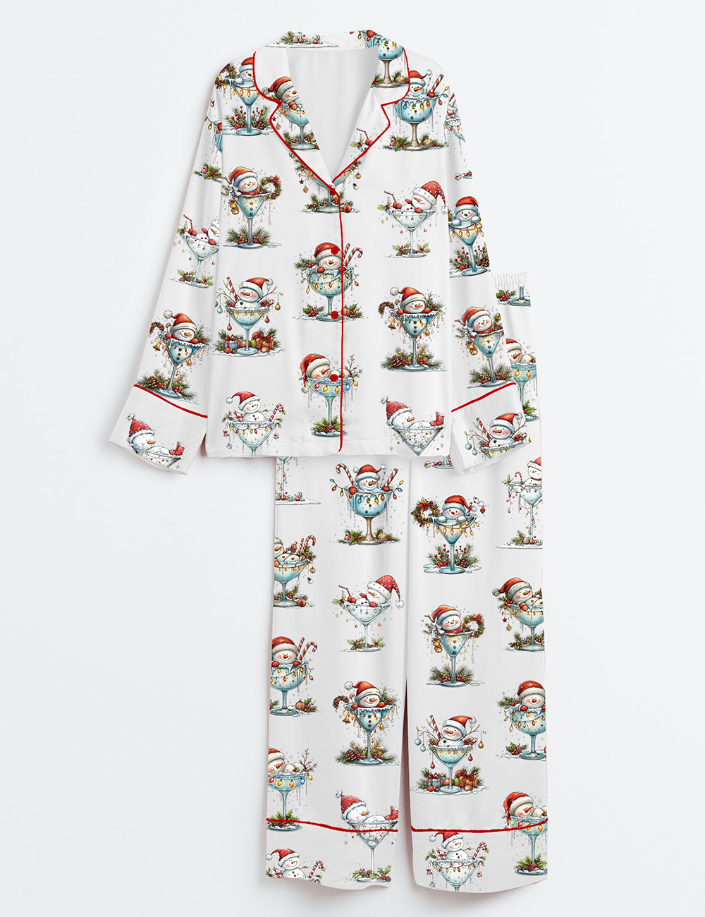 Womenâ€™s Quirky Snowman Christmas Winter Holiday Santa Wine Long Sleeve Satin Pajama Set
