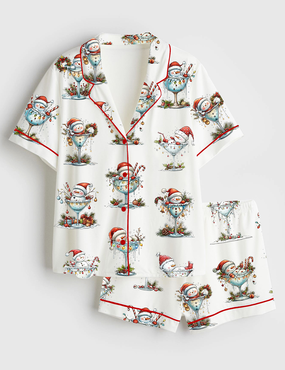 Womenâ€™s Quirky Snowman Christmas Winter Holiday Santa Wine Short Sleeve Satin Pajama Set
