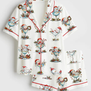 Women's Quirky Snowman Christmas Winter Holiday Santa Wine Short Sleeve Satin Pajama Set