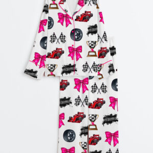 Women's Race Coquette Bow Racing Flag Long Sleeve Satin Pajamas Set