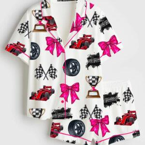 Womenâ€™s Race Coquette Bow Racing Flag Short Sleeve Satin Pajama Set