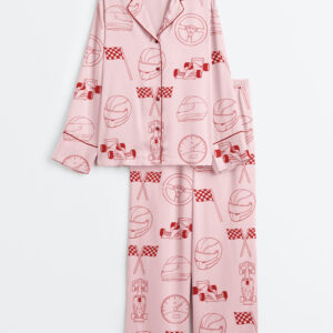 Women's Racing Flag Racinng Cars Pink Long Sleeve Satin Pajamas Set