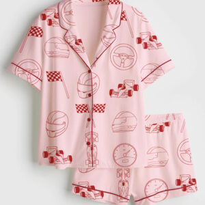 Womenâ€™s Racing Flag Racinng Cars Pink Short Sleeve Satin Pajama Set