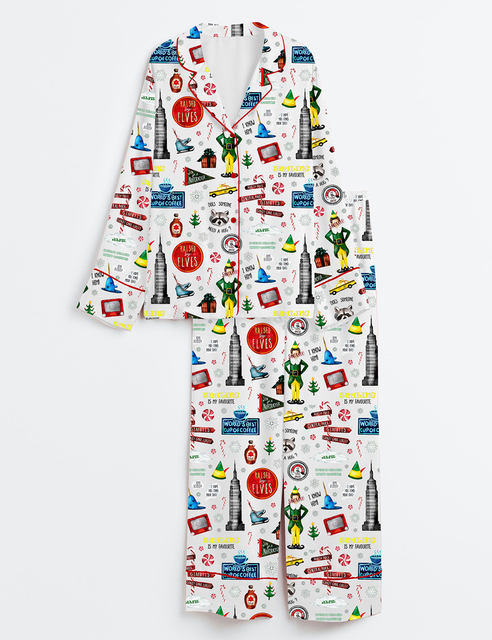 Womenâ€™s Raised By Elves Watercolor Christmas Elves Christmas Movies Print Long Sleeve Satin Pajama Set