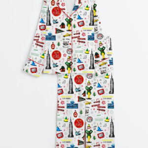 Women's Raised By Elves Watercolor Christmas Elves Christmas Movies Print Long Sleeve Satin Pajamas Set