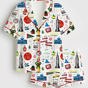 Women's Raised By Elves Watercolor Christmas Elves Christmas Movies Print Short Sleeve Satin Pajama Set