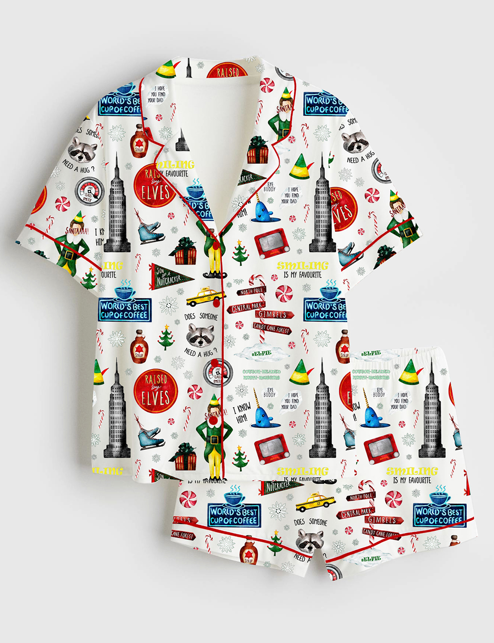 Womenâ€™s Raised By Elves Watercolor Christmas Elves Christmas Movies Print Short Sleeve Satin Pajama Set