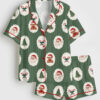 Womenâ€™s Red And Green Cameo Christmas Reindeer Gingerbread Bows Candy Cane Teddy Bears Short Sleeve Satin Pajama Set