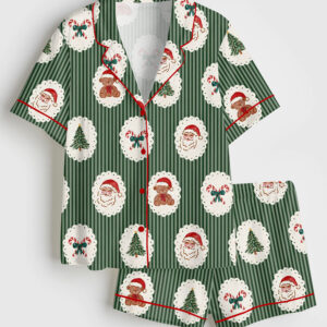 Womenâ€™s Red And Green Cameo Christmas Reindeer Gingerbread Bows Candy Cane Teddy Bears Short Sleeve Satin Pajama Set