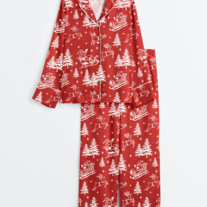 Womenâ€™s Red And White Christmas Santa Reindeer Long Sleeve Satin Pajama Set