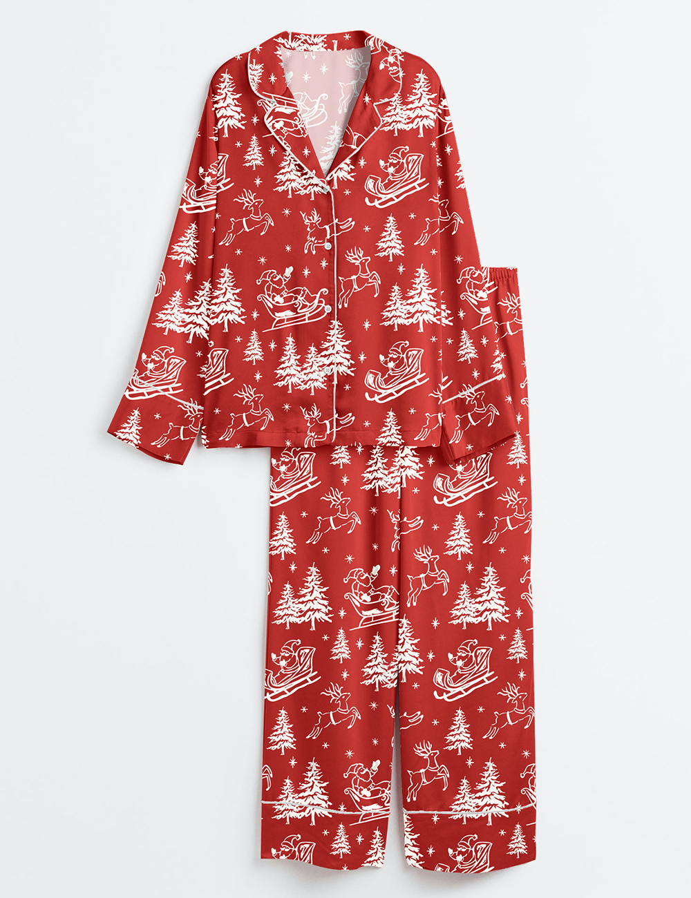 Womenâ€™s Red And White Christmas Santa Reindeer Long Sleeve Satin Pajama Set