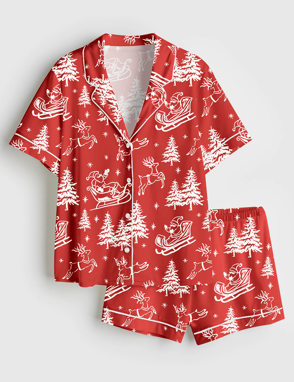 Womenâ€™s Red And White Christmas Santa Reindeer Short Sleeve Satin Pajama Set