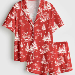 Women's Red And White Christmas Santa Reindeer Short Sleeve Satin Pajama Set