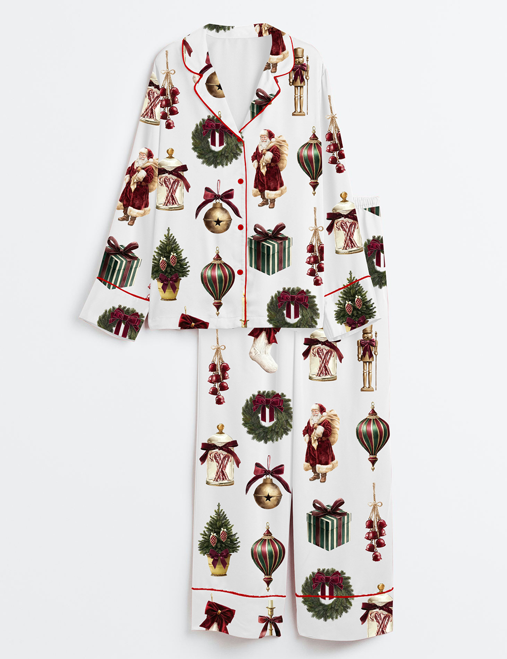 Women's Red Christmas Long Sleeve Silky Satin Pajamas Set