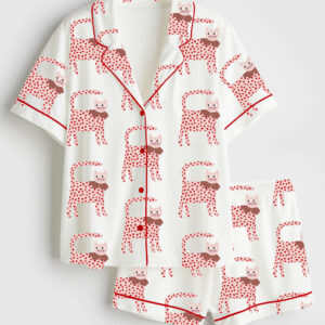 Womenâ€™s Red Polka Dots Cat Short Sleeve Satin Pajama Set