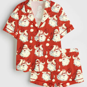 Women's Red Santa Claus Christmas Short Sleeve Satin Pajama Set