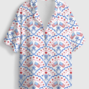 Womenâ€™s Red White And Blue USA Flag And Floral 4th Of July Short Sleeve Linen Blend Hawaiian Shirt