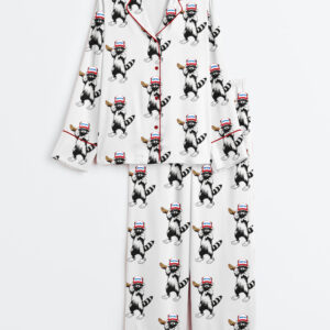 Womenâ€™s Red White And Feral Funny Raccoon 4th Of July Long Sleeve Satin Pajama Set