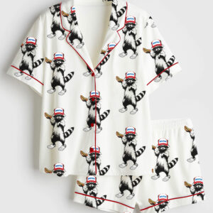 Women's Red White And Feral Funny Raccoon 4th Of July Short Sleeve Satin Pajama Set