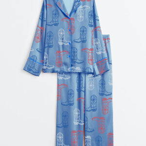 Womenâ€™s Red White Blue Cowgirl Boots Western 4th Of July Print Long Sleeve Satin Pajama Set