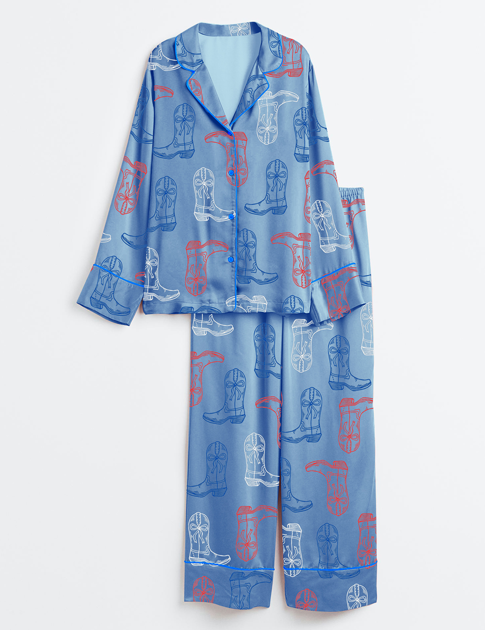 Womenâ€™s Red White Blue Cowgirl Boots Western 4th Of July Print Long Sleeve Satin Pajama Set