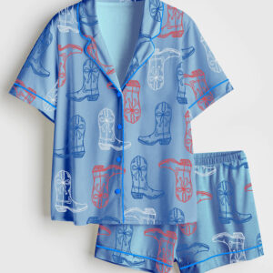 Women's Red White Blue Cowgirl Boots Western 4th Of July Print Short Sleeve Satin Pajama Set