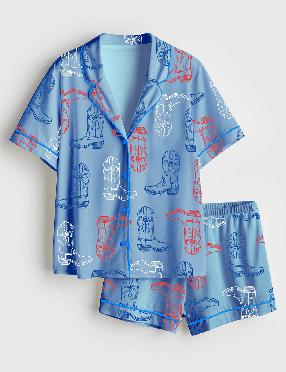 Womenâ€™s Red White Blue Cowgirl Boots Western 4th Of July Print Short Sleeve Satin Pajama Set