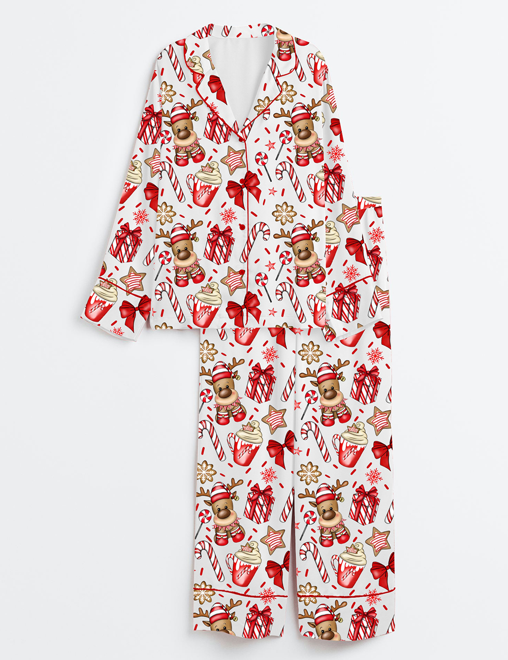 Women's Red & White Candy Cane Christmas Reindeer Presents Sprinkles Long Sleeve Satin Pajamas Set