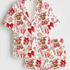 Women's Red & White Candy Cane Christmas Reindeer Presents Sprinkles Short Sleeve Satin Pajama Set