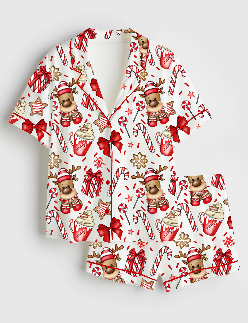 Womenâ€™s Red & White Candy Cane Christmas Reindeer Presents Sprinkles Short Sleeve Satin Pajama Set