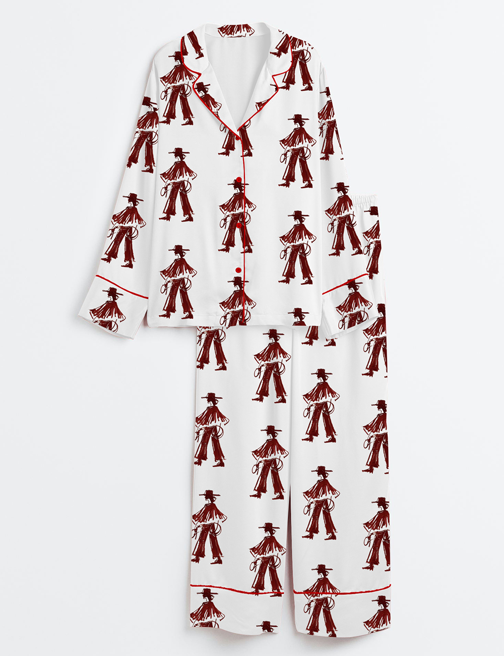 Womenâ€™s Red Wine Cowgirl Western Modern Burgundy Cowgirl Print Long Sleeve Satin Pajama Set