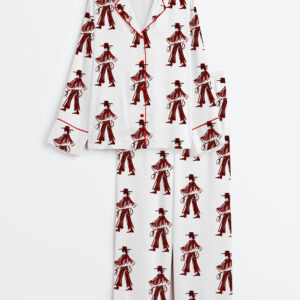 Women's Red Wine Cowgirl Western Modern Burgundy Cowgirl Print Long Sleeve Satin Pajamas Set