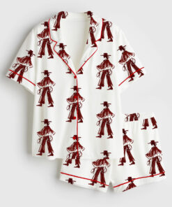 Women's Red Wine Cowgirl Western Modern Burgundy Cowgirl Print Short Sleeve Satin Pajama Set