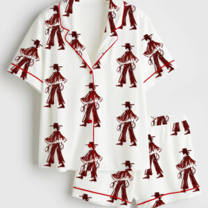 Womenâ€™s Red Wine Cowgirl Western Modern Burgundy Cowgirl Print Short Sleeve Satin Pajama Set