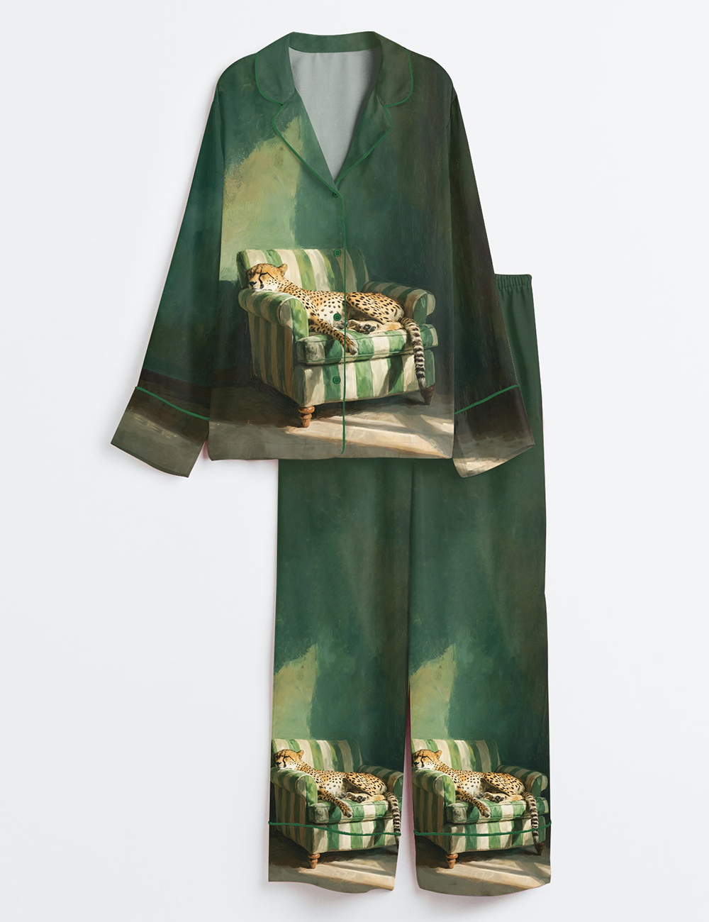 Womenâ€™s Relaxed Cheetah Oil Artistic Animal Emerald Green Long Sleeve Satin Pajama Set