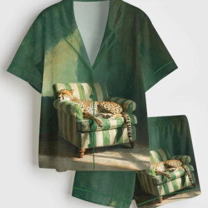 Women's Relaxed Cheetah Oil Artistic Animal Emerald Green Short Sleeve Satin Pajama Set