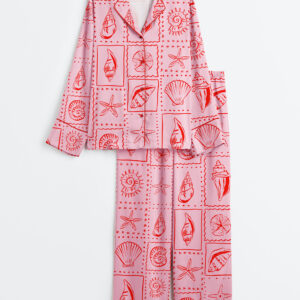 Women's Repetitive Pink Seashells Summer Preppy Print Long Sleeve Satin Pajama Set
