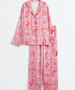 Women's Repetitive Pink Seashells Summer Preppy Print Long Sleeve Satin Pajama Set