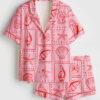 Womenâ€™s Repetitive Pink Seashells Summer Preppy Print Short Sleeve Satin Pajama Set