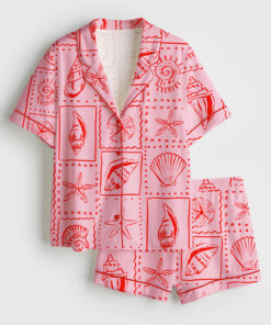 Women's Repetitive Pink Seashells Summer Preppy Print Short Sleeve Satin Pajama Set