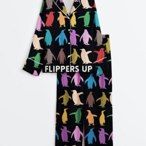 Womenâ€™s Resist Flippers Up Penguins Against Print Long Sleeve Satin Pajama Set