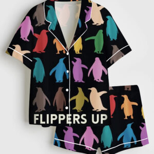 Women's Resist Flippers Up Penguins Against Print Short Sleeve Satin Pajama Set